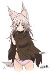  akasha_(syakoba) animal_ears borrowed_character commentary_request facepaint gradient_hair greddyrx grey_hair highres long_hair looking_at_viewer multicolored_hair original panties pink_panties poncho red_eyes simple_background sketch smile tail torn_clothes underwear white_background wolf_ears wolf_tail 