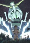  1boy absurdres banagher_links black_hair closed_eyes glowing glowing_eyes grass gundam gundam_unicorn helmet highres kusamie male_focus mecha mobile_suit open_mouth robot unicorn_gundam 
