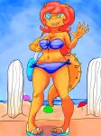  2017 5_fingers anthro bandeau bare_shoulder beach bikini biped breasts cartoon_network cleavage clothed clothing cosma detailed_background eyelashes eyeshadow female footwear full_portrait hair handbag holding_object lizard long_hair looking_at_viewer makeup midriff navel ok_k.o.!_let&#039;s_be_heroes one_eye_closed open_mouth orange_scales outside red_eyes red_hair reptile sand sandals scales scalie seaside side-tie_bikini skimpy smile smoaer solo spikes standing swimsuit thick_thighs umbrella water wink yellow_sclera 