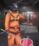 1other ambiguous_gender among_us black_gloves commentary cowboy_shot creature crewmate_(among_us) crossover english_commentary gloves highres holding holding_sign in-universe_location indoors jumpsuit lethal_company long_sleeves mask orange_jumpsuit other_focus pointing red_(among_us) road_sign roadkilli sign solo_focus standing stop_sign worker_(lethal_company) 