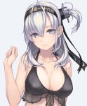  bikini bikini_top black_bikini black_bikini_top black_headband breasts cleavage commentary_request front-tie_top hachimaki hair_between_eyes headband kantai_collection large_breasts long_hair looking_at_viewer medium_hair one_side_up purple_eyes rokuwata_tomoe side_ponytail silver_hair smile suzutsuki_(kantai_collection) swimsuit upper_body 