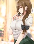  absurdres black_bow bow braid breasts brown_eyes brown_hair earrings eyebrows_visible_through_hair finger_to_mouth hair_over_shoulder highres idolmaster idolmaster_shiny_colors jewelry kuwayama_chiyuki large_breasts long_braid long_hair necklace ribbed_shirt ryuu. shirt single_braid solo white_shirt 