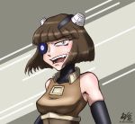  1girl broken_torpedo dalek doctor_who elbow_gloves eyepatch gloves highres looking_at_viewer personification short_hair simple_background solo teeth yellow_eyes 