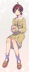  1girl ahoge breasts brown_footwear brown_hair closed_mouth collar collarbone cup dot_nose double-parted_bangs dress earrings efwc flipped_hair floral_print_dress frilled_dress frills full_body green_dress green_eyes highres holding holding_cup idolmaster idolmaster_million_live! idolmaster_million_live!_theater_days jewelry kinoshita_hinata light_blush light_smile long_sleeves mug neck_ribbon official_alternate_costume print_mug ribbon short_hair sidelocks sitting small_breasts socks solo white_collar white_socks 