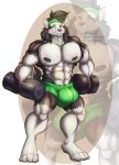  anthro big_bulge bulge canine clothed clothing exercise looking_at_viewer male mammal muscular muscular_male nipple_piercing nipples pecs piercing potionmastercernun smile solo standing tight_clothing topless weightlifting workout 