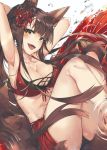  :d akagi_(azur_lane) alternate_costume animal_ears armpits arms_behind_head azur_lane bangs bikini blush breasts brown_hair bubble cleavage collarbone eyebrows_visible_through_hair fangs fox_ears fox_tail highres knees_up large_breasts light_particles long_hair looking_at_viewer multiple_tails open_mouth red_bikini red_eyes red_sarong ripples sarong smile solo swimsuit tail thighs tuxedo_de_cat water_drop 
