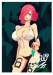  1girl bare_arms bare_shoulders breasts cape cleavage curvy female glass hair_over_one_eye headphones large_breasts lipstick looking_at_viewer makeup navel one_eye_covered one_piece pink_lips scarf short_hair smile solo stomach tattoo thighs tongue tongue_out vinsmoke_reiju 