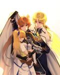  3girls absurdres black_gloves black_ribbon blonde_hair blue_ribbon brown_footwear cape fate_testarossa fate_testarossa_(impulse_form) fingerless_gloves gloves hair_ribbon high_side_ponytail highres kaichan2536 long_hair lyrical_nanoha magical_girl mahou_shoujo_lyrical_nanoha_vivid mother_and_daughter multiple_girls no_jacket orange_hair purple_eyes red_eyes ribbon sleeping smile socks st._hilde_academy_of_magic_uniform takamachi_nanoha takamachi_nanoha_(exceed_mode) very_long_hair vivio white_cape white_ribbon white_socks 
