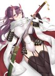  :o armor azur_lane bandaged_arm bandages bangs black_gloves black_legwear blush breasts cameltoe commentary_request covered_navel elbow_gloves eyebrows_visible_through_hair fingerless_gloves fingernails gloves groin hair_between_eyes hair_ribbon hand_up highres holding holding_sheath holding_sword holding_weapon horns izumo_(azur_lane) japanese_armor katana large_breasts leotard long_hair looking_at_viewer lying mentai_mayo on_back oni oni_horns parted_lips pointy_ears purple_hair red_eyes red_ribbon ribbon sheath simple_background solo sword thighhighs unsheathing very_long_hair weapon white_background white_leotard 