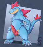  2018 animal_genitalia anthro blue_skin claws erection fangs feraligatr fin genital_slit hand_on_hip knot looking_at_viewer male nintendo nude penis pok&eacute;mon pok&eacute;mon_(species) precum red_scales scales slit solo ssssnowy standing video_games yellow_eyes 