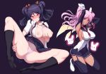  2girls aliasing black_hair blush breast_hold breasts cameltoe dark_skin garter_belt gloves kneehighs konoma long_hair necklace nipples no_bra open_shirt original panties pink_eyes pink_hair purple red_eyes seifuku sideboob skirt spread_legs stockings thighhighs twintails underwear 