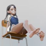  3d barefoot black_hair chair competition_school_swimsuit covered_navel dark_skin feet hair_ornament highres ijiranaide_nagatoro-san leslyzerosix long_hair nagatoro one-piece_swimsuit school_chair shirt sitting soles solo swimsuit white_shirt 