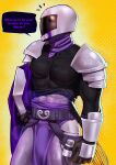  1boy abs_peek absurdres arm_armor armor artist_name belt black_shirt brown_gloves bulge clothes_lift collarbone colored_skin covered_abs covered_face cowboy_shot english_text gloves helmet highres holding holding_tray large_pectorals male_focus meuchu monsterxmediator muscular muscular_male pectorals purple_belt purple_loincloth purple_scarf purple_skin scarf shirt shirt_lift shoulder_armor sir_knight solo speech_bubble tight_clothes tight_shirt tray wet whisk 