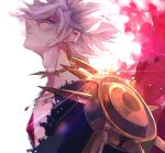  bad_id bad_pixiv_id blue_eyes choker earrings expressionless face fate/apocrypha fate_(series) jewelry karna_(fate) male_focus messy_hair pauldrons pekerika profile simple_background solo spikes white_background white_hair 