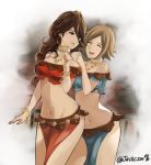  bare_shoulders bracelet breasts brown_hair circlet cleavage dancer earrings hug j@ck jewelry long_hair medium_breasts midriff multiple_girls navel necklace octopath_traveler open_mouth primrose_azelhart short_hair smile yusufa 