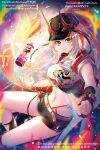  1girl aminww_amingming baseball_cap belt black_hat black_shorts blue_hair breasts chinese_commentary commentary_request crop_top green_eyes hat highres honkai:_star_rail honkai_(series) horned_hat large_breasts looking_at_viewer midriff multicolored_hair navel partial_commentary pink_hair rappa_(honkai:_star_rail) shirt short_shorts shorts smile solo stomach streaked_hair thighs white_belt white_shirt 