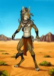  2017 4_toes 5_fingers abs anisis anthro barefoot black_lips black_nose canine day detailed_background digital_media_(artwork) digitigrade ear_piercing jackal looking_at_viewer male mammal navel outside piercing solo toes 