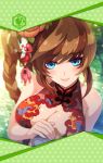  artist_request blue_eyes braid breasts brown_hair cleavage eyebrows_visible_through_hair eyeshadow flower framed_image green_dragon_(phantom_of_the_kill) hair_flower hair_ornament head_in_hand large_breasts long_hair looking_at_viewer makeup official_art phantom_of_the_kill swimsuit 