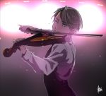  blue_eyes collared_shirt instrument male_focus mouri music playing_instrument shirt silver_hair smile solo sweat viktor_nikiforov violin waistcoat yuri!!!_on_ice 