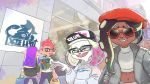  3girls alpha_gamboa backpack bag baseball_cap beret casual cephalopod_eyes commentary_request fangs glasses hat hime_(splatoon) holding_hands hood hoodie iida_(splatoon) inkling jacket looking_at_viewer looking_back midriff multiple_girls navel octoling open_mouth pale_skin parted_lips pointy_ears shopping_bag smile splatoon_(series) splatoon_2 sunglasses tentacle_hair walking 