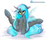  2018 blue_hair changeling chest_tuft cute cute_fangs equine eyelashes fangs female feral floppy_ears friendship_is_magic fur green_eyes hair hi_res hole_(anatomy) hooves horn insect_wings koveliana long_hair looking_at_viewer mammal my_little_pony navel nude patreon presenting presenting_pussy pussy pussy_juice pussy_juice_string queen_chrysalis_(mlp) simple_background slit_pupils solo spread_legs spreading text tuft underhoof url watermark white_background wings 