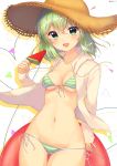  :d absurdres ass_visible_through_thighs bangs bikini blush breasts brown_hat collarbone commentary_request drawstring dutch_angle eyebrows_visible_through_hair fang food front-tie_bikini front-tie_top green_eyes green_hair groin hair_between_eyes hand_up hat head_tilt highres holding holding_food hood hood_down hooded_jacket innertube jacket komeiji_koishi long_hair long_sleeves looking_at_viewer medium_breasts navel nenobi_(nenorium) open_clothes open_jacket open_mouth popsicle red_innertube side-tie_bikini sleeves_past_wrists smile solo straw_hat striped striped_bikini swimsuit thigh_gap touhou twitter_username watermelon_bar white_background white_jacket 