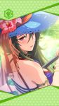  artist_request bangle body_jewelry bracelet breasts flower framed_image gae_bolg_(phantom_of_the_kill) green_hair hat highres holding jewelry large_breasts long_hair official_art phantom_of_the_kill sun_hat swimsuit 
