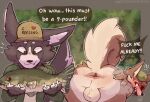 angry anthro anus ball_tuft balls bent_over blush blush_lines bodily_fluids brown_body butt butt_grab canid canine canis clothing countryside domestic_dog duo english_text exclamation_point eye_patch eyewear fish fishing fishing_hat forest forest_background fur genitals green_eyes grey_body grey_fur hand_on_butt hat headgear headwear hi_res holding_object in_heat looking_back male male/male mammal marine multicolored_body multicolored_fur nature nature_background open_mouth plant presenting presenting_hindquarters profanity proud raised_tail rear_view snaggle_tooth spread_anus spread_butt spreading steam sweat sweaty_butt tail text tree tuft unattendedmilk_(artist) webfishing