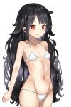  1girl bare_arms bare_shoulders bikini black_hair c-ms_(girls_frontline) closed_mouth collarbone cowboy_shot erect_nipples eyebrows_visible_through_hair female girls_frontline long_hair looking_at_viewer looking_to_the_side navel red_eyes simple_background solo swimsuit white_background white_bikini 