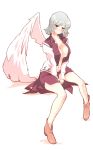  blush breasts brown_eyes cleavage collarbone covered_nipples dress eyebrows_visible_through_hair highres invisible_chair kishin_sagume large_breasts looking_at_viewer navel no_bra no_socks non_(z-art) open_clothes shoes silver_hair simple_background single_wing sitting skirt thighs touhou white_background wings 