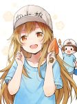  :d arm_up bangs blue_shirt blush brown_eyes brown_hair bucket collarbone commentary_request eyebrows_visible_through_hair flat_cap grey_hat hair_between_eyes hands_up hat hataraku_saibou head_tilt holding holding_bucket light_brown_hair long_hair looking_at_viewer multiple_girls open_mouth platelet_(hataraku_saibou) rio_(9251843) shirt short_hair short_sleeves smile solid_circle_eyes trowel upper_teeth very_long_hair 