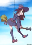  :d belt black_ribbon blue_background blue_sky boots broom broom_riding brown_eyes brown_hair cloud cloudy_sky collared_shirt commentary dress english_commentary fingernails from_side glint hat high_heel_boots high_heels highres hook kagari_atsuko knee_boots kukuruyo little_witch_academia long_hair neck_ribbon open_mouth patreon_username profile purple_dress purple_hat ribbon shirt signature sky smile solo wand watermark white_shirt witch witch_hat 