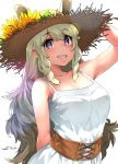  alternate_costume animal_ears arm_behind_back arm_up bangs bare_arms bare_shoulders blonde_hair collarbone commentary_request corset dated dress ears_through_headwear extra_ears eyebrows_visible_through_hair eyes_visible_through_hair flower hand_on_headwear happa_(cloverppd) hat hat_flower kemono_friends lips long_hair looking_at_viewer parted_lips purple_eyes rhinoceros_ears signature simple_background sleeveless sleeveless_dress smile solo spaghetti_strap straw_hat sun_hat sundress sunflower upper_body very_long_hair white_background white_dress white_rhinoceros_(kemono_friends) 