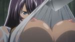  00s animated animated_gif blue_eyes bouncing_breasts breasts dark_skin hair_over_one_eye ikkitousen kan&#039;u_unchou large_breasts nipples purple_hair rain tagme torn_clothes wet 