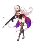  bangs battle_rifle black_dress black_panties blonde_hair blush breasts brown_footwear brown_legwear cape closed_mouth cross crossed_legs dress eyebrows_visible_through_hair full_body g3_(girls_frontline) garter_belt girls_frontline gloves gun h&amp;k_g3 hair_between_eyes head_tilt headset high_heels highres holding holding_gun holding_weapon iron_cross leaning_forward long_hair long_sleeves looking_at_viewer medium_breasts mod3_(girls_frontline) official_art panties partly_fingerless_gloves philomelalilium purple_eyes red_gloves rifle shoes short_dress simple_background skindentation smile solo standing striped tears thighhighs torn_clothes torn_dress torn_legwear trigger_discipline underwear vertical_stripes very_long_hair watson_cross weapon white_background white_cape 