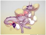  anus big_butt bottomless butt clothed clothing egg female hair horn kobold looking_at_viewer nails pillow proxer purple_hair pussy ribbons scalie smile solo tail_bow tail_ribbon wide_hips 