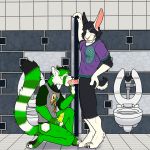  2018 anthro anthro_on_anthro balls bathroom black_hair black_nose bottomless butt claws clothed clothing digital_media_(artwork) digitigrade duo erection eyes_closed fellatio fur glory_hole green_fur green_penis hair humanoid_penis lagomorph male male/male male_penetrating mammal masturbation mouse99110 multicolored_fur oral oral_penetration penetration penile_masturbation penis pink_nose precum public_restroom rabbit red_panda restroom_stall saliva sex shirt sikes simple_background standing toe_claws toes toilet tongue tongue_out two_tone_fur vein 