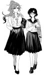  bag bangs bishoujo_senshi_sailor_moon bookbag commentary_request earrings eyebrows_visible_through_hair full_body glasses greyscale hattori_masahiko high_contrast highres jewelry juuban_middle_school_uniform kino_makoto kino_makoto's_school_uniform mizuno_ami monochrome multiple_girls pleated_skirt ponytail school_bag school_uniform serafuku shoes sidelocks skirt smile stud_earrings walking 