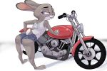  2018 akiric anthro barefoot bedroom_eyes butt clothed clothing denim_shorts dipstick_ears disney female half-closed_eyes hand_on_hip judy_hopps lagomorph leaning leaning_forward looking_at_viewer looking_back mammal motorcycle purple_eyes rabbit rear_view seductive shirt shorts simple_background smile solo standing tank_top vehicle white_background zootopia 