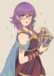  bangs bare_shoulders bespectacled book breasts cape commentary dress english_commentary fire_emblem fire_emblem:_seima_no_kouseki from_side glasses highres holding holding_book jewelry jivke long_hair looking_at_viewer lute_(fire_emblem) parted_lips purple_eyes purple_hair smile solo twintails 