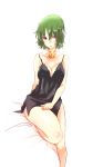  ascot breasts chemise cleavage collarbone covered_nipples green_hair hand_on_thigh highres kazami_yuuka lips medium_breasts non_(z-art) on_bed parted_lips red_eyes sitting thighs touhou 
