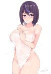  :o bangs black_hair blue_eyes blue_hair blush breasts breath collarbone covering covering_breasts dated eyebrows_visible_through_hair hair_between_eyes heavy_breathing highres kuavera large_breasts looking_at_viewer mole mole_under_mouth multicolored_hair naked_towel nose_blush original short_hair sigh solo steam streaked_hair towel twitter_username wet 