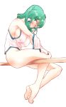  absurdres barefoot between_thighs blush bottomless breasts commentary covered_nipples eyebrows_visible_through_hair green_eyes green_hair hair_ornament hair_tubes highres kochiya_sanae large_breasts long_hair looking_at_viewer no_bra non_(z-art) one_eye_closed open_mouth parted_lips sideboob sitting touhou undressing 