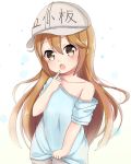  1girl brown_eyes brown_hair cameltoe child collarbone cowboy_shot eyebrows_visible_through_hair female finger_to_mouth flat_chest hair_between_eyes hat hataraku_saibou long_hair looking_at_viewer off_shoulder platelet_(hataraku_saibou) shirt shorts solo ty_kaede white_shirt 