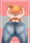  1girl ass back backboob bad_anatomy bare_shoulders breasts denim from_behind huge_ass jeans kasumi_(pokemon) leaning leaning_forward nohohon orange_hair pants pokemon pokemon_(game) pokemon_lgpe shiny shiny_clothes shiny_hair shiny_skin short_hair side_ponytail solo 