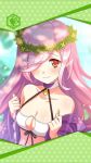  artist_request blush breasts cleavage cleavage_cutout collarbone framed_image hair_ornament hair_over_one_eye highres long_hair medium_breasts mistilteinn_(phantom_of_the_kill) official_art orange_eyes phantom_of_the_kill pink_hair smile swimsuit white_swimsuit wreath 