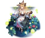  animal_ears animal_print bangs bare_shoulders barefoot blonde_hair braid breasts bug collar collarbone erune eyebrows_visible_through_hair firefly fish fish_print full_body granblue_fantasy hair_ornament holding insect japanese_clothes kimono lily_pad long_hair looking_at_viewer medium_breasts minaba_hideo obi official_art open_mouth purple_eyes rock sandals sash sitting smile solo transparent_background water wide_sleeves yuisis_(granblue_fantasy) 