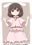  animal_ears black_hair brown_background bunny_ears carrot_necklace closed_mouth dress eyebrows_visible_through_hair frills inaba_tewi looking_at_viewer open_hands pink_dress poronegi red_eyes short_hair smile solo touhou 