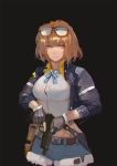  breasts brown_hair cleavage commentary_request eyewear_on_head girls_frontline gloves grizzly_mkv grizzly_mkv_(girls_frontline) gun handgun highres holster jacket liyang5595 medium_breasts midriff purple_eyes short_hair shorts solo sunglasses unbuttoned unbuttoned_shirt weapon 