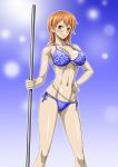  1girl bare_arms bare_legs bare_shoulders bikini blue_bikini blush breasts cleavage closed_mouth gradient gradient_background groin hand_on_hip highres large_breasts legs looking_at_viewer matching_hair/eyes nami_(one_piece) navel nel-zel_formula one_piece orange_eyes orange_hair short_hair simple_background smile solo standing swimsuit thighs 